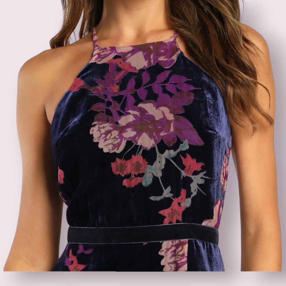 NWT Lulus Endearing Style‎ Navy Floral Burnout Velvet Halter Midi Dress Small - Picture 3 of 16